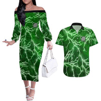 Personalized Darts Lightning Green Storm Couples Matching Off The Shoulder Long Sleeve Dress and Hawaiian Shirt with Electric Energy Pattern and Dartboard Graphics - Wonder Print Shop