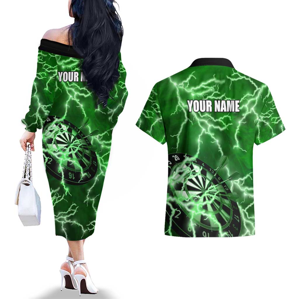 Personalized Darts Lightning Green Storm Couples Matching Off The Shoulder Long Sleeve Dress and Hawaiian Shirt with Electric Energy Pattern and Dartboard Graphics - Wonder Print Shop
