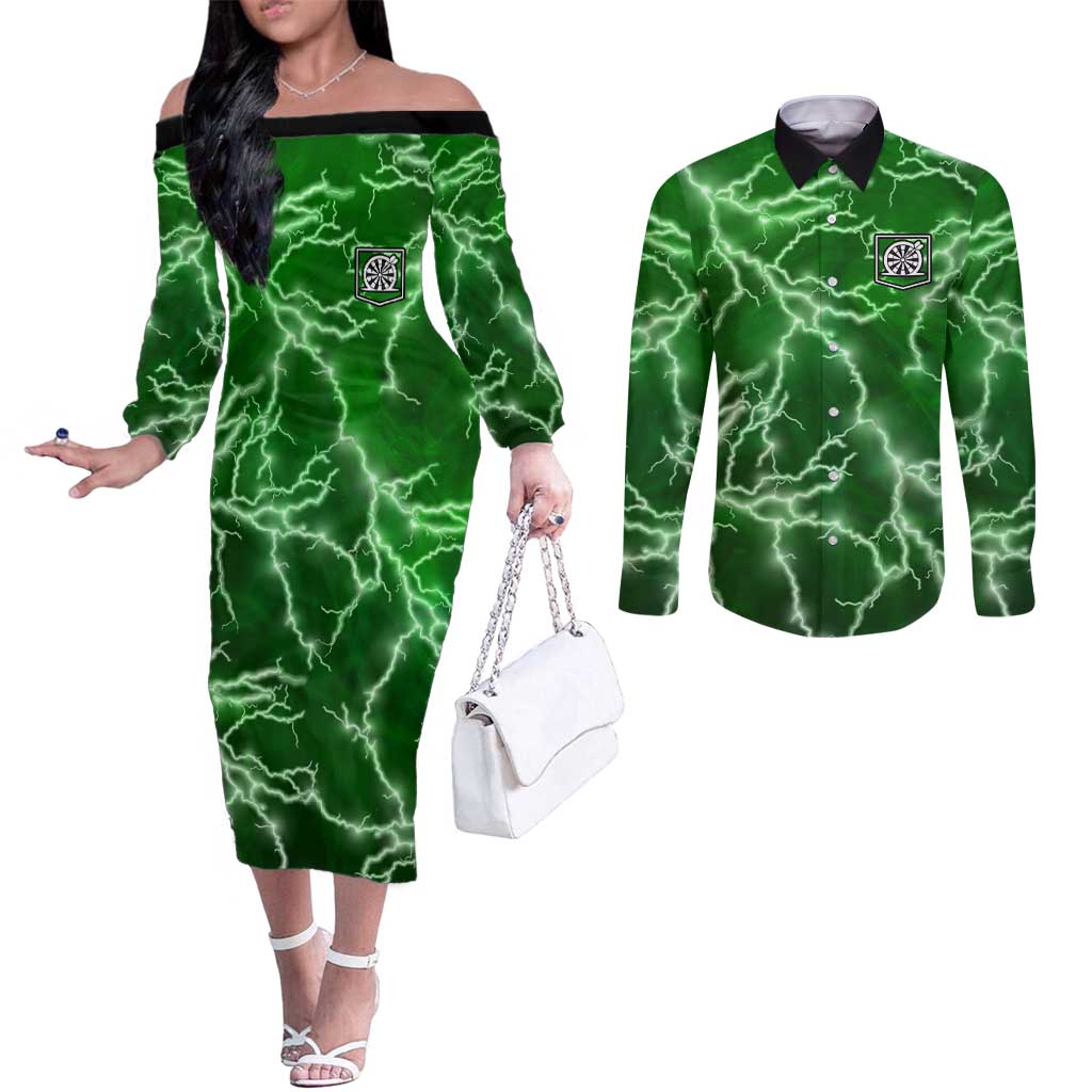 Personalized Darts Lightning Green Storm Couples Matching Off The Shoulder Long Sleeve Dress and Long Sleeve Button Shirt with Electric Energy Pattern and Dartboard Graphics - Wonder Print Shop