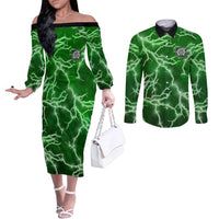 Personalized Darts Lightning Green Storm Couples Matching Off The Shoulder Long Sleeve Dress and Long Sleeve Button Shirt with Electric Energy Pattern and Dartboard Graphics - Wonder Print Shop