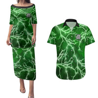 Personalized Darts Lightning Green Storm Couples Matching Puletasi and Hawaiian Shirt with Electric Energy Pattern and Dartboard Graphics - Wonder Print Shop