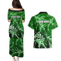 Personalized Darts Lightning Green Storm Couples Matching Puletasi and Hawaiian Shirt with Electric Energy Pattern and Dartboard Graphics - Wonder Print Shop