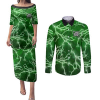 Personalized Darts Lightning Green Storm Couples Matching Puletasi and Long Sleeve Button Shirt with Electric Energy Pattern and Dartboard Graphics - Wonder Print Shop