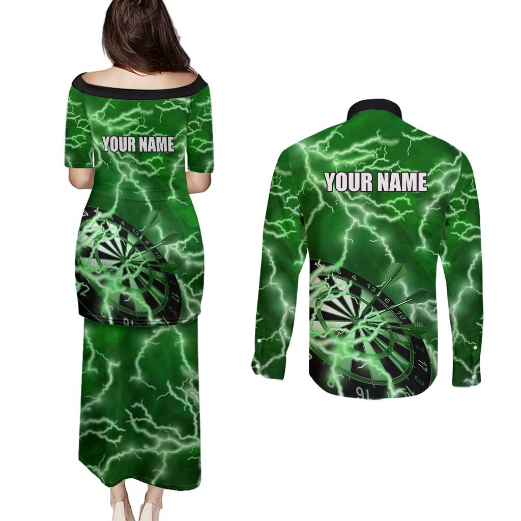 Personalized Darts Lightning Green Storm Couples Matching Puletasi and Long Sleeve Button Shirt with Electric Energy Pattern and Dartboard Graphics - Wonder Print Shop