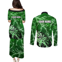 Personalized Darts Lightning Green Storm Couples Matching Puletasi and Long Sleeve Button Shirt with Electric Energy Pattern and Dartboard Graphics - Wonder Print Shop