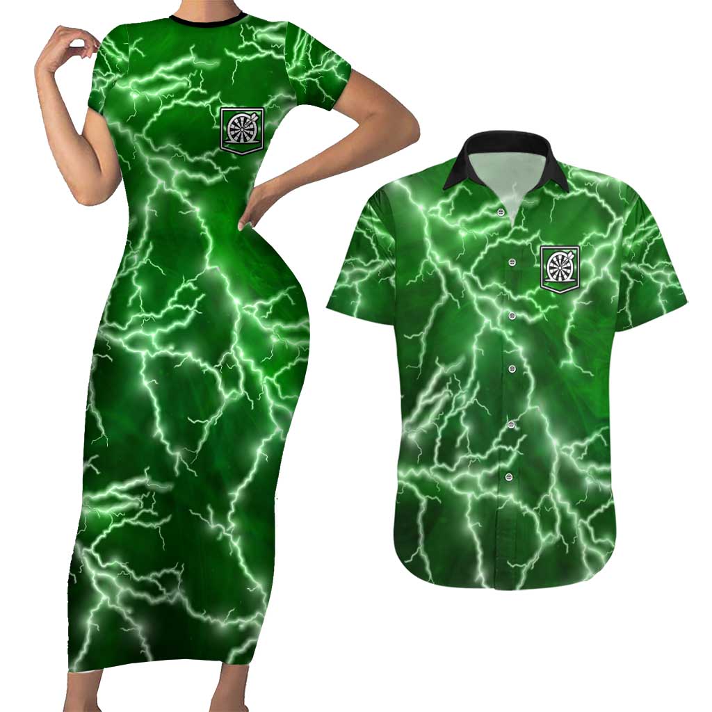 Personalized Darts Lightning Green Storm Couples Matching Short Sleeve Bodycon Dress and Hawaiian Shirt with Electric Energy Pattern and Dartboard Graphics - Wonder Print Shop
