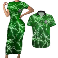 Personalized Darts Lightning Green Storm Couples Matching Short Sleeve Bodycon Dress and Hawaiian Shirt with Electric Energy Pattern and Dartboard Graphics - Wonder Print Shop