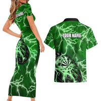 Personalized Darts Lightning Green Storm Couples Matching Short Sleeve Bodycon Dress and Hawaiian Shirt with Electric Energy Pattern and Dartboard Graphics - Wonder Print Shop