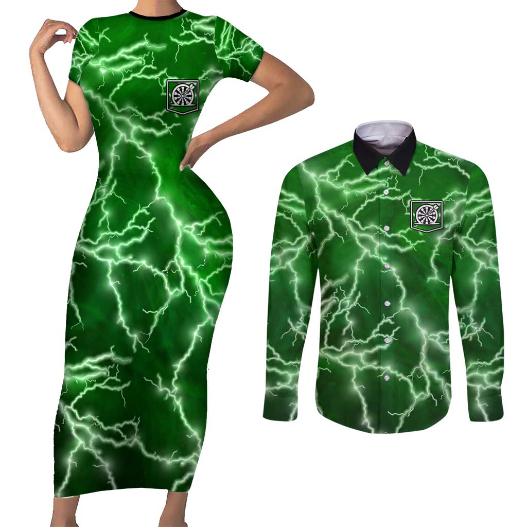 Personalized Darts Lightning Green Storm Couples Matching Short Sleeve Bodycon Dress and Long Sleeve Button Shirt with Electric Energy Pattern and Dartboard Graphics - Wonder Print Shop