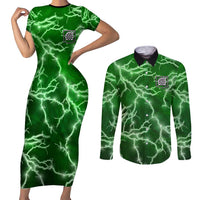 Personalized Darts Lightning Green Storm Couples Matching Short Sleeve Bodycon Dress and Long Sleeve Button Shirt with Electric Energy Pattern and Dartboard Graphics - Wonder Print Shop