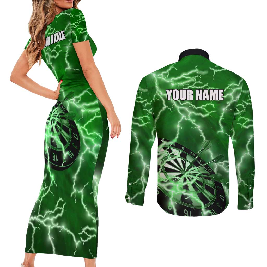 Personalized Darts Lightning Green Storm Couples Matching Short Sleeve Bodycon Dress and Long Sleeve Button Shirt with Electric Energy Pattern and Dartboard Graphics - Wonder Print Shop