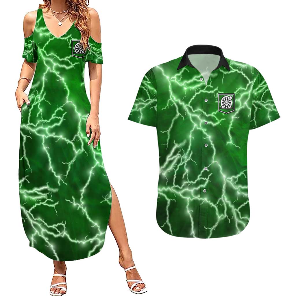 Personalized Darts Lightning Green Storm Couples Matching Summer Maxi Dress and Hawaiian Shirt with Electric Energy Pattern and Dartboard Graphics - Wonder Print Shop