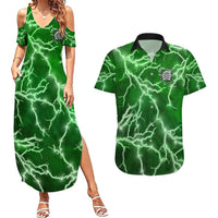 Personalized Darts Lightning Green Storm Couples Matching Summer Maxi Dress and Hawaiian Shirt with Electric Energy Pattern and Dartboard Graphics - Wonder Print Shop