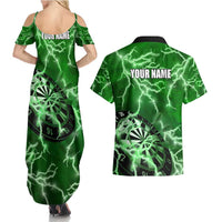 Personalized Darts Lightning Green Storm Couples Matching Summer Maxi Dress and Hawaiian Shirt with Electric Energy Pattern and Dartboard Graphics - Wonder Print Shop