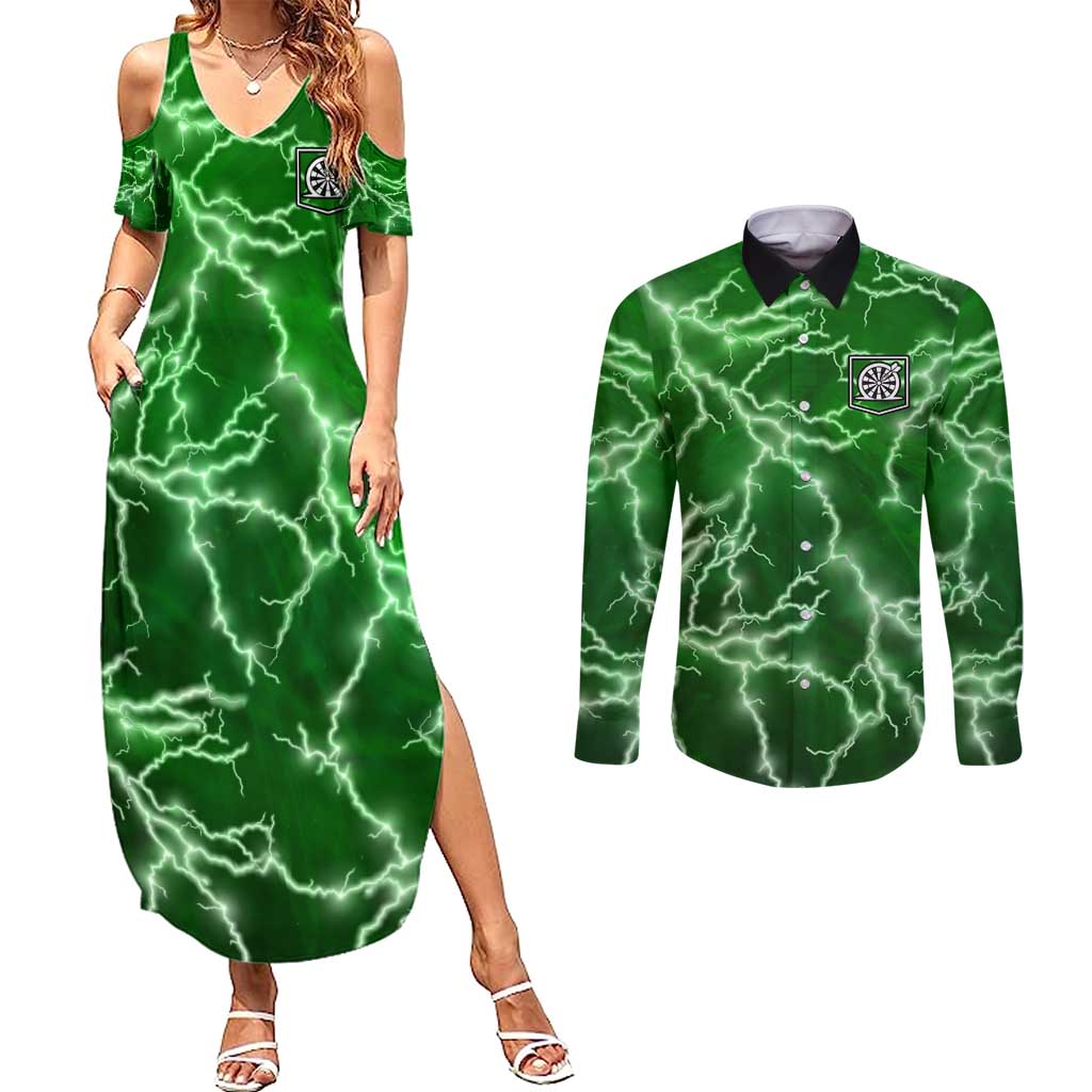 Personalized Darts Lightning Green Storm Couples Matching Summer Maxi Dress and Long Sleeve Button Shirt with Electric Energy Pattern and Dartboard Graphics - Wonder Print Shop