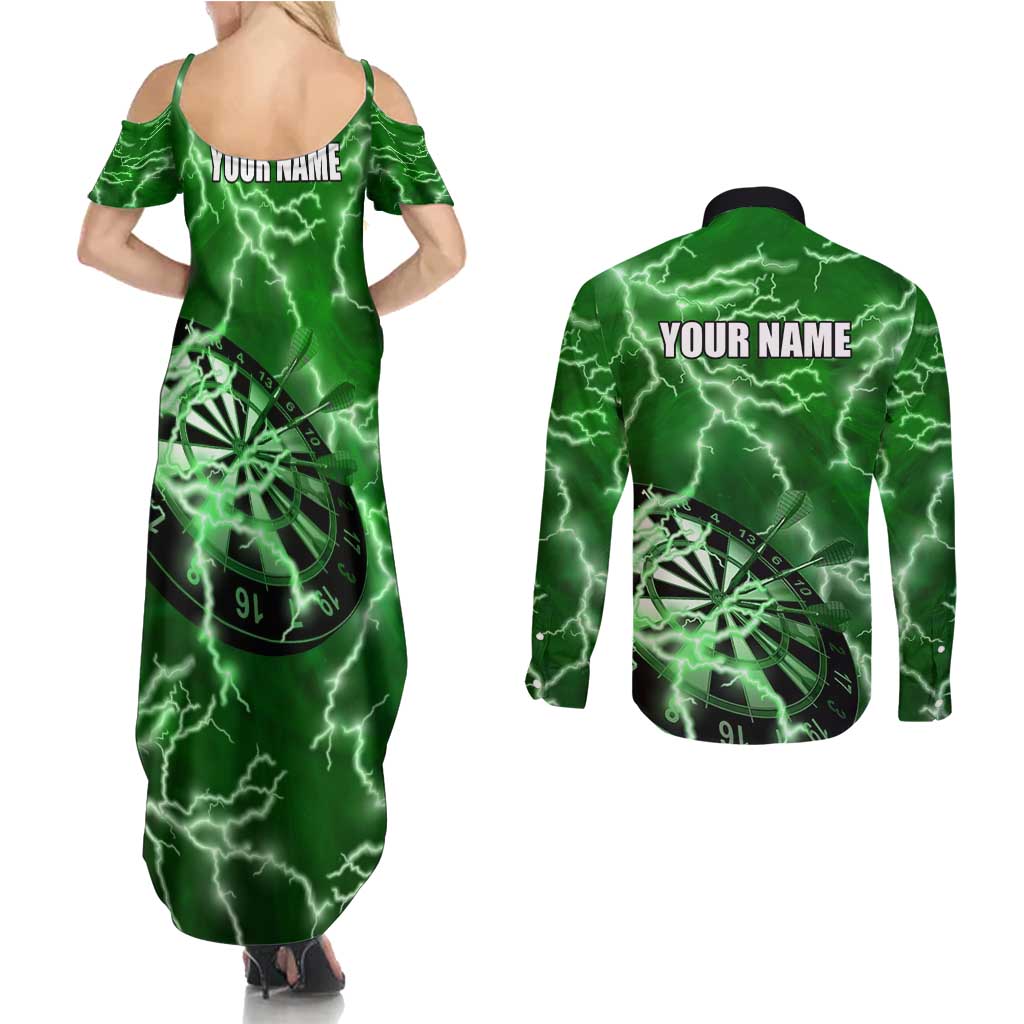 Personalized Darts Lightning Green Storm Couples Matching Summer Maxi Dress and Long Sleeve Button Shirt with Electric Energy Pattern and Dartboard Graphics - Wonder Print Shop