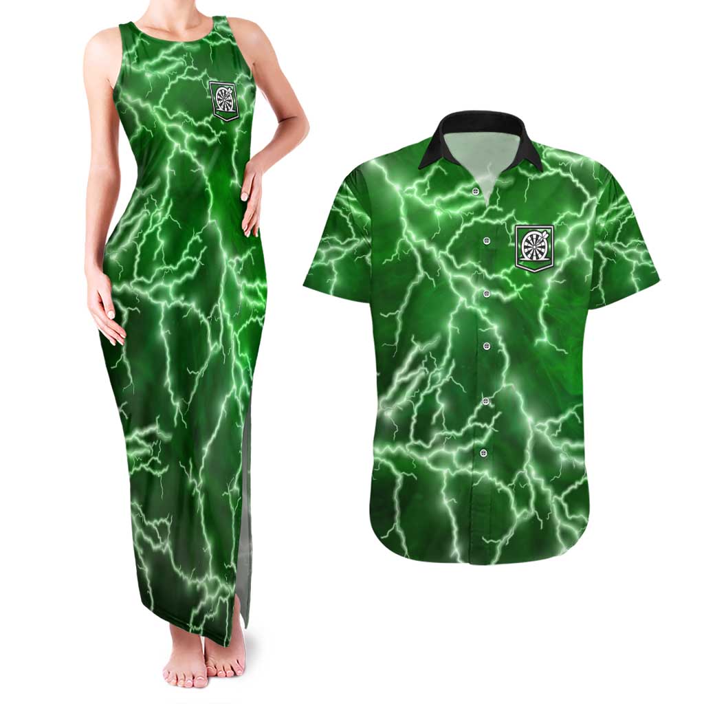 Personalized Darts Lightning Green Storm Couples Matching Tank Maxi Dress and Hawaiian Shirt with Electric Energy Pattern and Dartboard Graphics - Wonder Print Shop