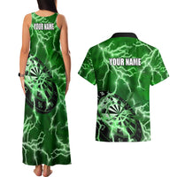 Personalized Darts Lightning Green Storm Couples Matching Tank Maxi Dress and Hawaiian Shirt with Electric Energy Pattern and Dartboard Graphics - Wonder Print Shop