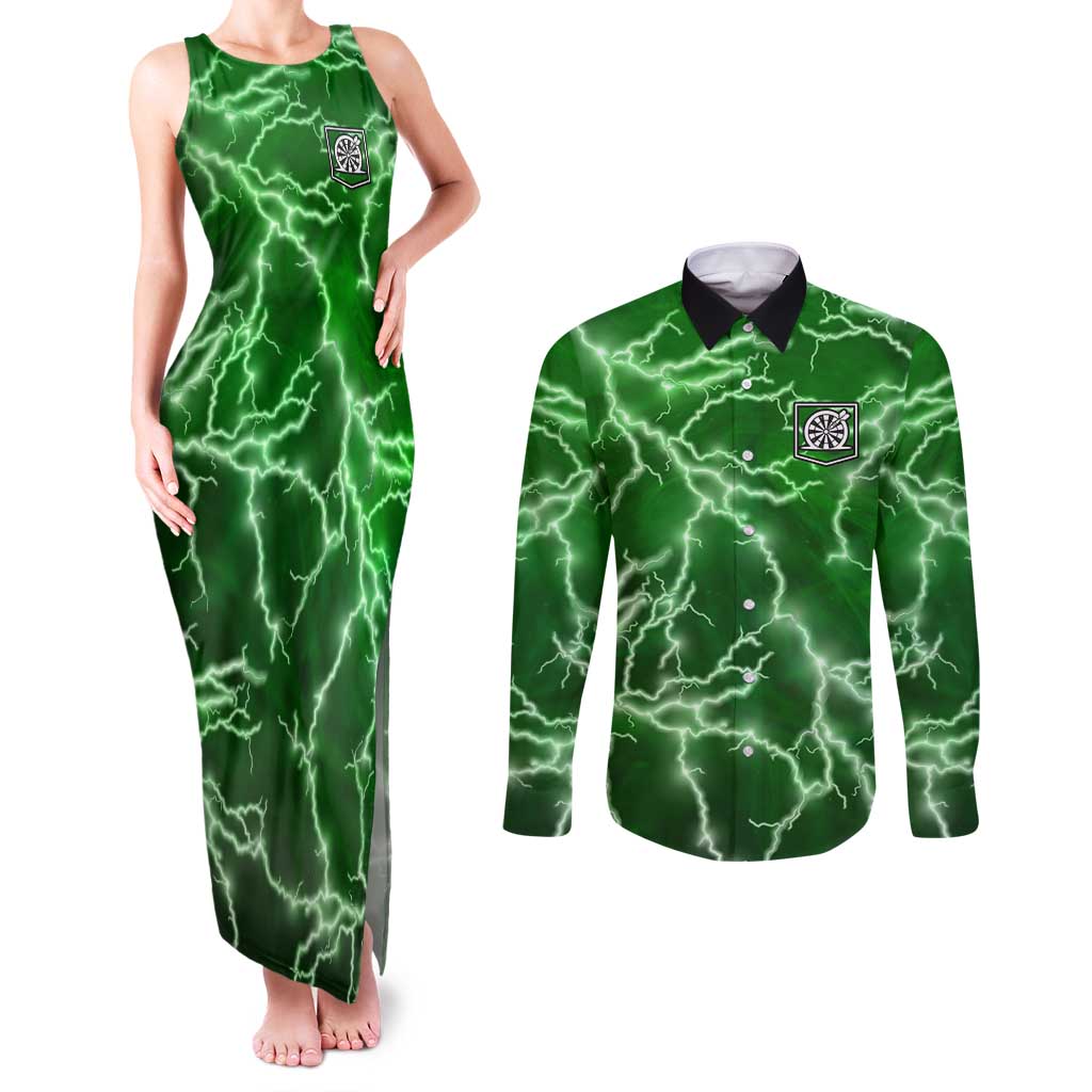 Personalized Darts Lightning Green Storm Couples Matching Tank Maxi Dress and Long Sleeve Button Shirt with Electric Energy Pattern and Dartboard Graphics - Wonder Print Shop
