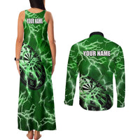 Personalized Darts Lightning Green Storm Couples Matching Tank Maxi Dress and Long Sleeve Button Shirt with Electric Energy Pattern and Dartboard Graphics - Wonder Print Shop