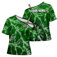 Personalized Darts Lightning Green Storm Cross Shoulder Shirt with Electric Energy Pattern and Dartboard Graphics - Wonder Print Shop