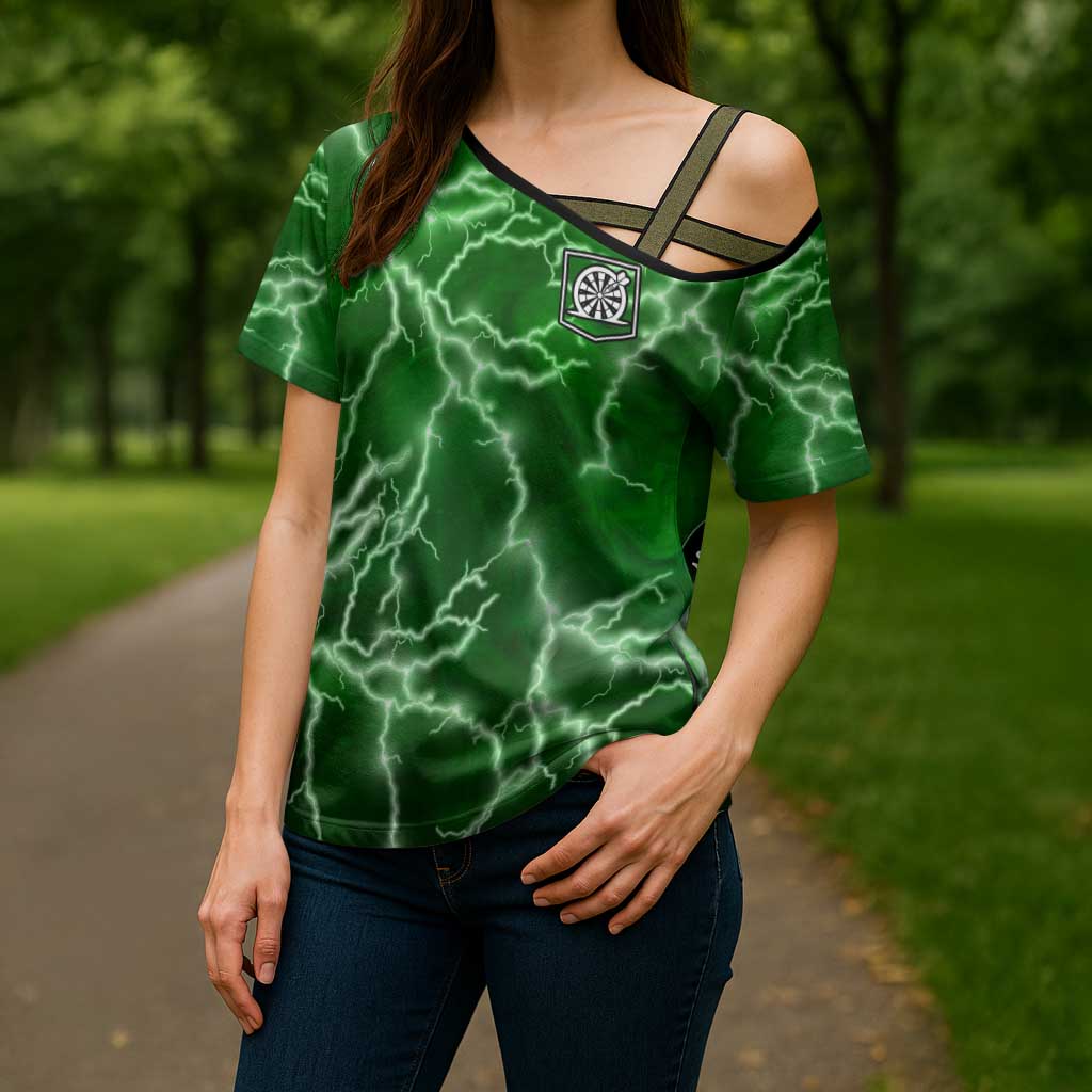Personalized Darts Lightning Green Storm Cross Shoulder Shirt with Electric Energy Pattern and Dartboard Graphics - Wonder Print Shop