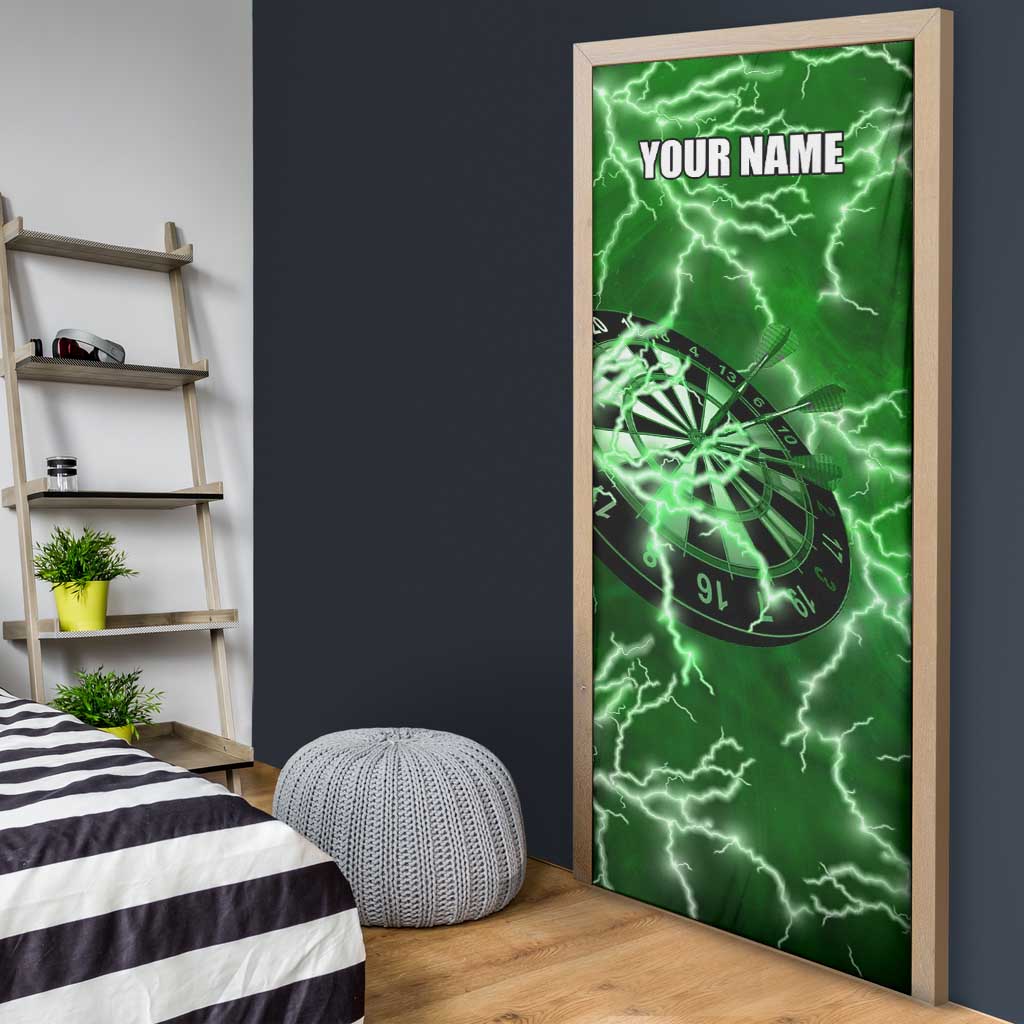 Personalized Darts Lightning Green Storm Door Cover with Electric Energy Pattern and Dartboard Graphics - Wonder Print Shop