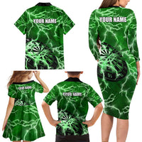 Personalized Darts Lightning Green Storm Family Matching Long Sleeve Bodycon Dress and Hawaiian Shirt with Electric Energy Pattern and Dartboard Graphics - Wonder Print Shop
