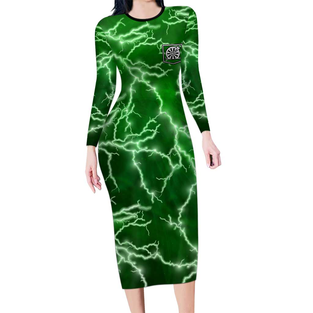 Personalized Darts Lightning Green Storm Family Matching Long Sleeve Bodycon Dress and Hawaiian Shirt with Electric Energy Pattern and Dartboard Graphics - Wonder Print Shop