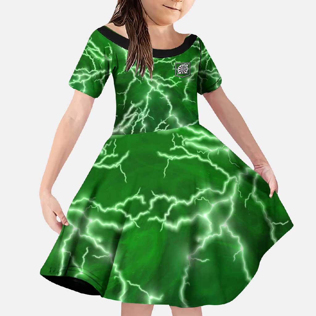 Personalized Darts Lightning Green Storm Family Matching Mermaid Dress and Hawaiian Shirt with Electric Energy Pattern and Dartboard Graphics - Wonder Print Shop