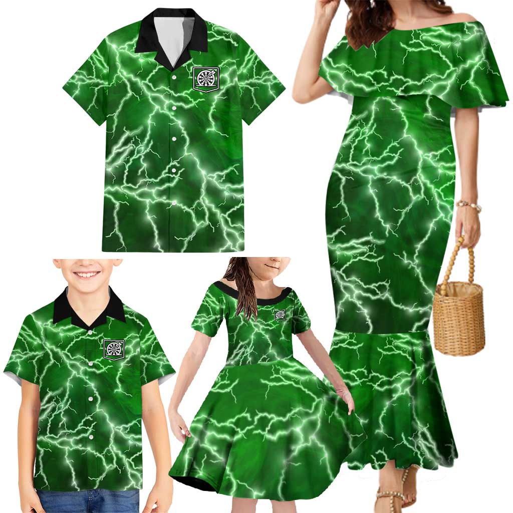 Personalized Darts Lightning Green Storm Family Matching Mermaid Dress and Hawaiian Shirt with Electric Energy Pattern and Dartboard Graphics - Wonder Print Shop