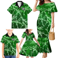 Personalized Darts Lightning Green Storm Family Matching Mermaid Dress and Hawaiian Shirt with Electric Energy Pattern and Dartboard Graphics - Wonder Print Shop