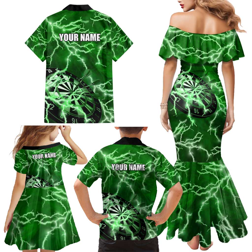 Personalized Darts Lightning Green Storm Family Matching Mermaid Dress and Hawaiian Shirt with Electric Energy Pattern and Dartboard Graphics - Wonder Print Shop