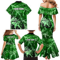 Personalized Darts Lightning Green Storm Family Matching Mermaid Dress and Hawaiian Shirt with Electric Energy Pattern and Dartboard Graphics - Wonder Print Shop