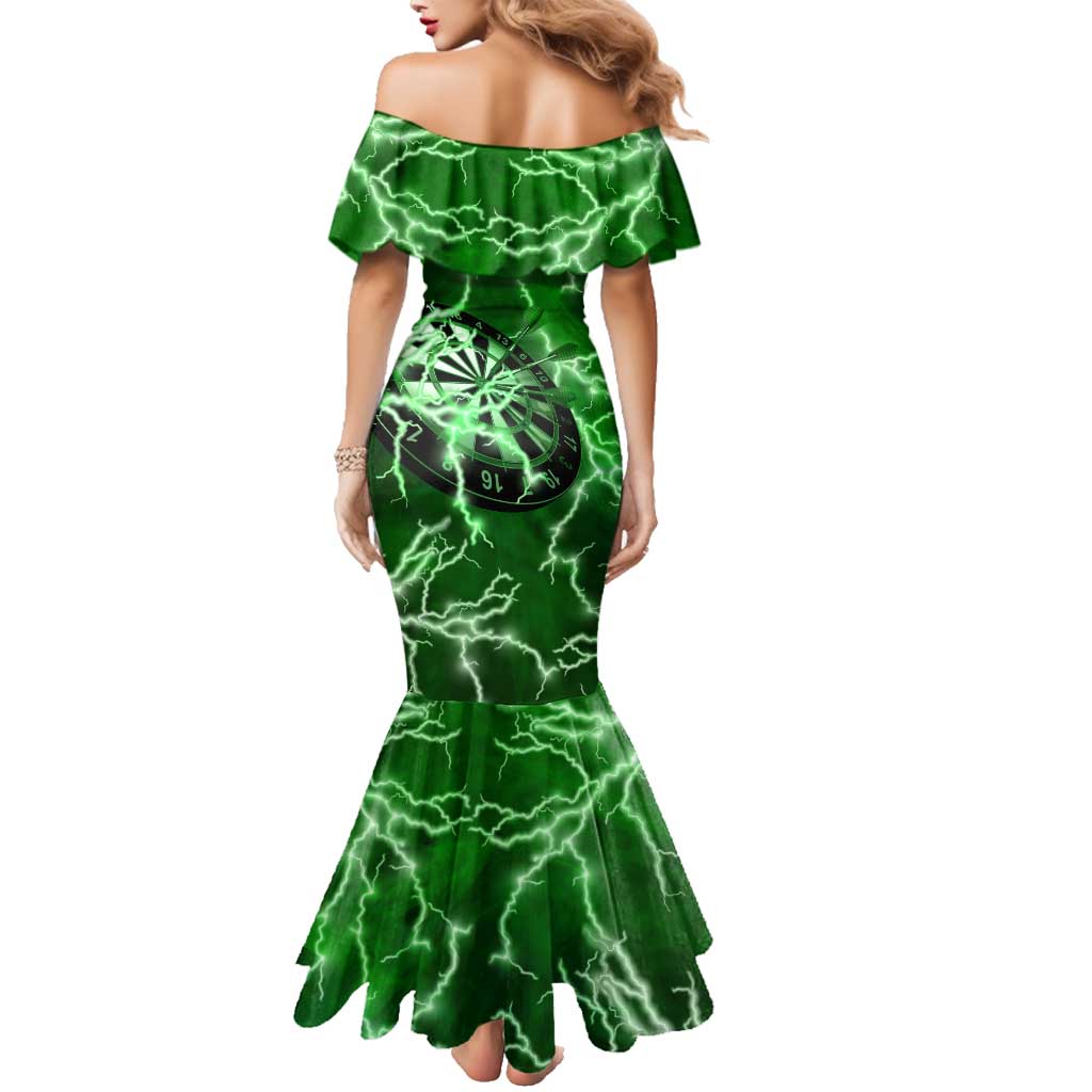 Personalized Darts Lightning Green Storm Family Matching Mermaid Dress and Hawaiian Shirt with Electric Energy Pattern and Dartboard Graphics - Wonder Print Shop