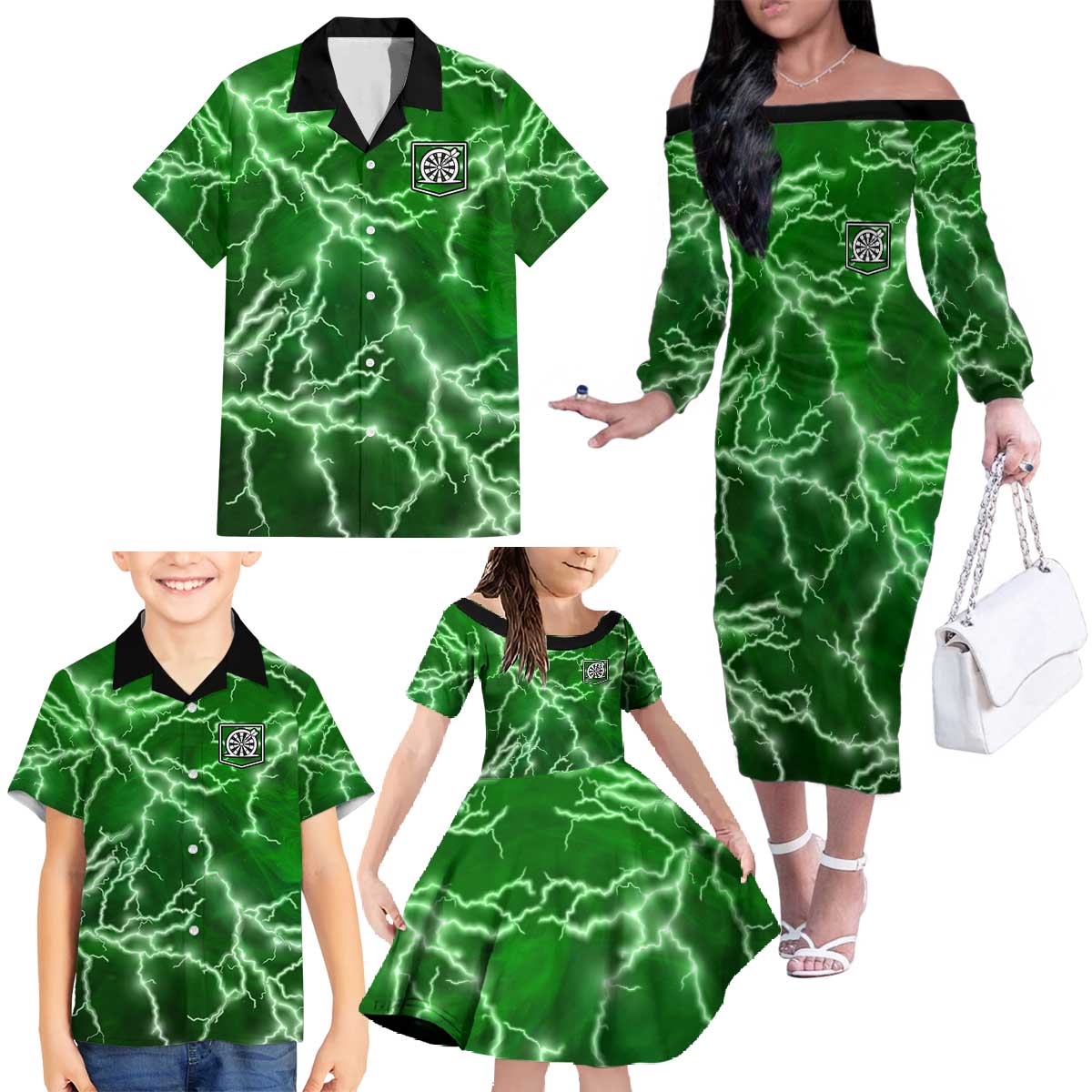 Personalized Darts Lightning Green Storm Family Matching Off The Shoulder Long Sleeve Dress and Hawaiian Shirt with Electric Energy Pattern and Dartboard Graphics - Wonder Print Shop