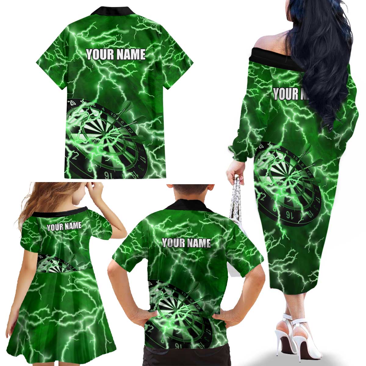 Personalized Darts Lightning Green Storm Family Matching Off The Shoulder Long Sleeve Dress and Hawaiian Shirt with Electric Energy Pattern and Dartboard Graphics - Wonder Print Shop