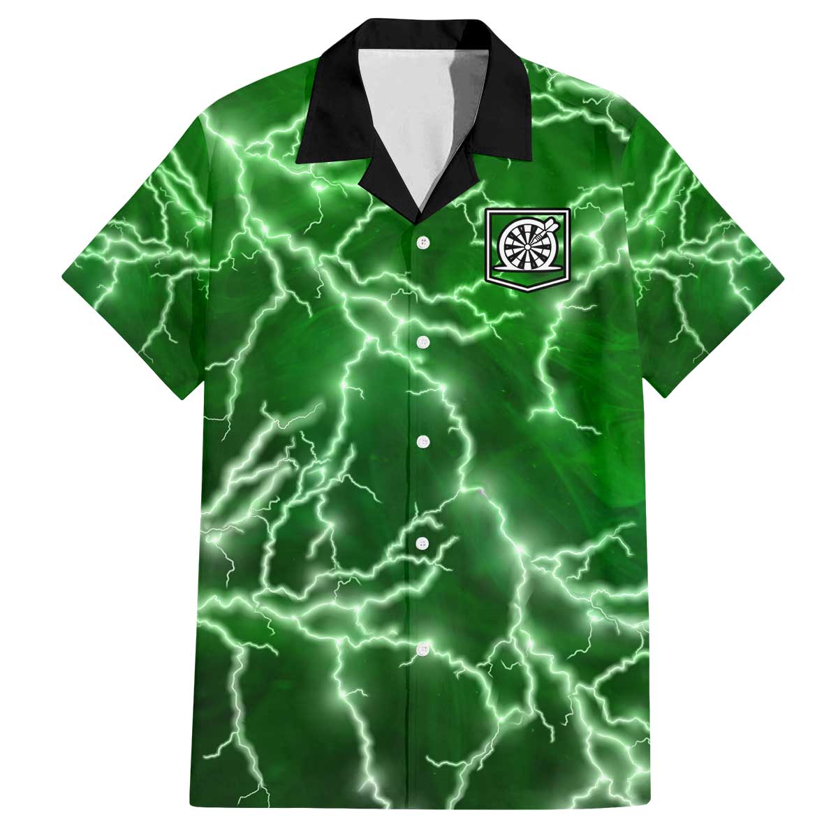 Personalized Darts Lightning Green Storm Family Matching Off The Shoulder Long Sleeve Dress and Hawaiian Shirt with Electric Energy Pattern and Dartboard Graphics - Wonder Print Shop