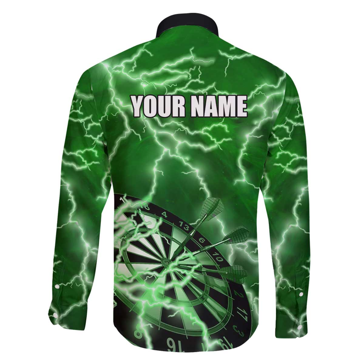 Personalized Darts Lightning Green Storm Family Matching Off The Shoulder Long Sleeve Dress and Hawaiian Shirt with Electric Energy Pattern and Dartboard Graphics - Wonder Print Shop