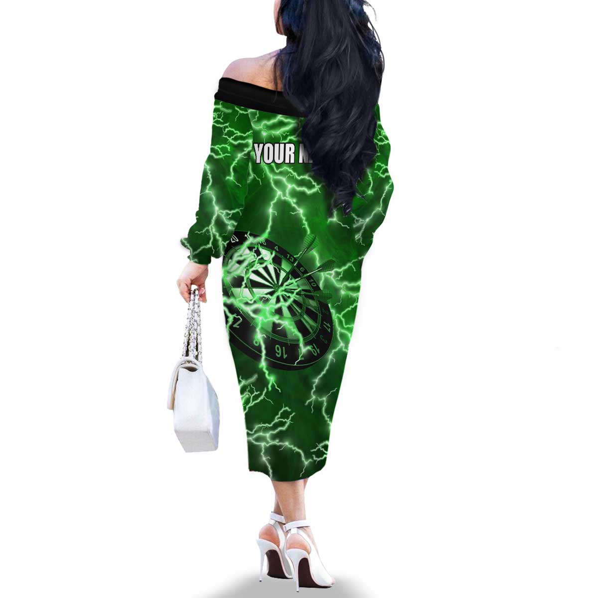 Personalized Darts Lightning Green Storm Family Matching Off The Shoulder Long Sleeve Dress and Hawaiian Shirt with Electric Energy Pattern and Dartboard Graphics - Wonder Print Shop