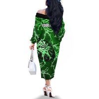 Personalized Darts Lightning Green Storm Family Matching Off The Shoulder Long Sleeve Dress and Hawaiian Shirt with Electric Energy Pattern and Dartboard Graphics - Wonder Print Shop