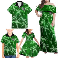 Personalized Darts Lightning Green Storm Family Matching Off Shoulder Maxi Dress and Hawaiian Shirt with Electric Energy Pattern and Dartboard Graphics - Wonder Print Shop