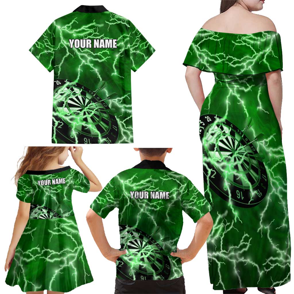 Personalized Darts Lightning Green Storm Family Matching Off Shoulder Maxi Dress and Hawaiian Shirt with Electric Energy Pattern and Dartboard Graphics - Wonder Print Shop