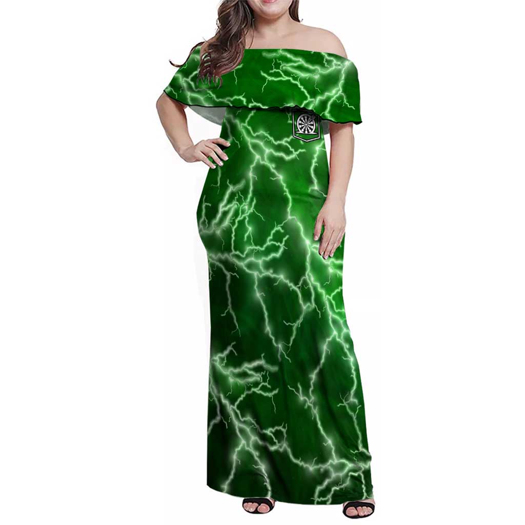 Personalized Darts Lightning Green Storm Family Matching Off Shoulder Maxi Dress and Hawaiian Shirt with Electric Energy Pattern and Dartboard Graphics - Wonder Print Shop