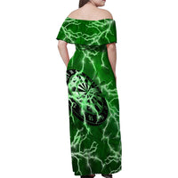 Personalized Darts Lightning Green Storm Family Matching Off Shoulder Maxi Dress and Hawaiian Shirt with Electric Energy Pattern and Dartboard Graphics - Wonder Print Shop