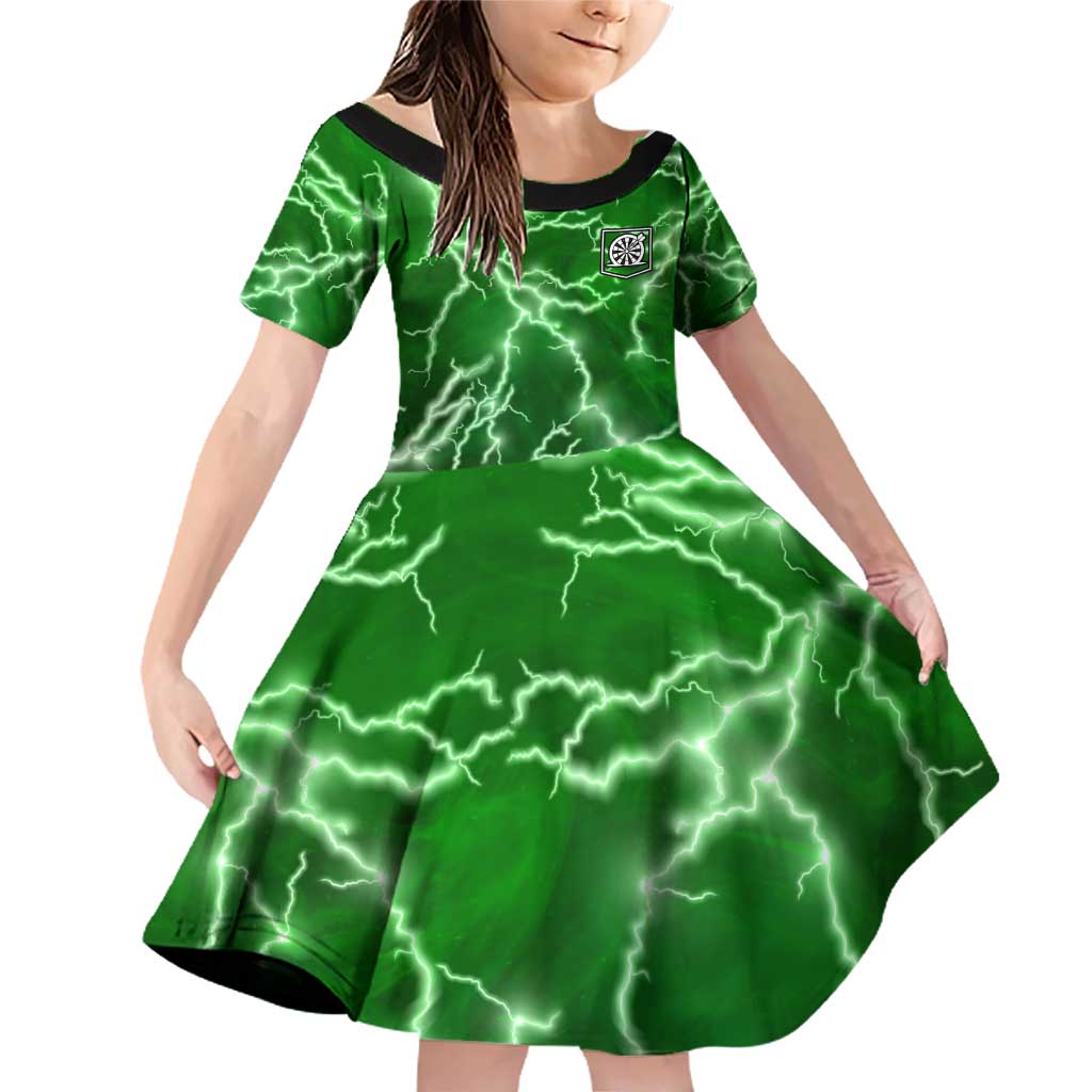 Personalized Darts Lightning Green Storm Family Matching Off Shoulder Short Dress and Hawaiian Shirt with Electric Energy Pattern and Dartboard Graphics - Wonder Print Shop