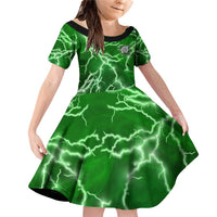 Personalized Darts Lightning Green Storm Family Matching Off Shoulder Short Dress and Hawaiian Shirt with Electric Energy Pattern and Dartboard Graphics - Wonder Print Shop