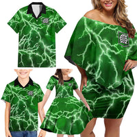 Personalized Darts Lightning Green Storm Family Matching Off Shoulder Short Dress and Hawaiian Shirt with Electric Energy Pattern and Dartboard Graphics - Wonder Print Shop