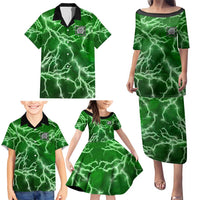 Personalized Darts Lightning Green Storm Family Matching Puletasi and Hawaiian Shirt with Electric Energy Pattern and Dartboard Graphics - Wonder Print Shop