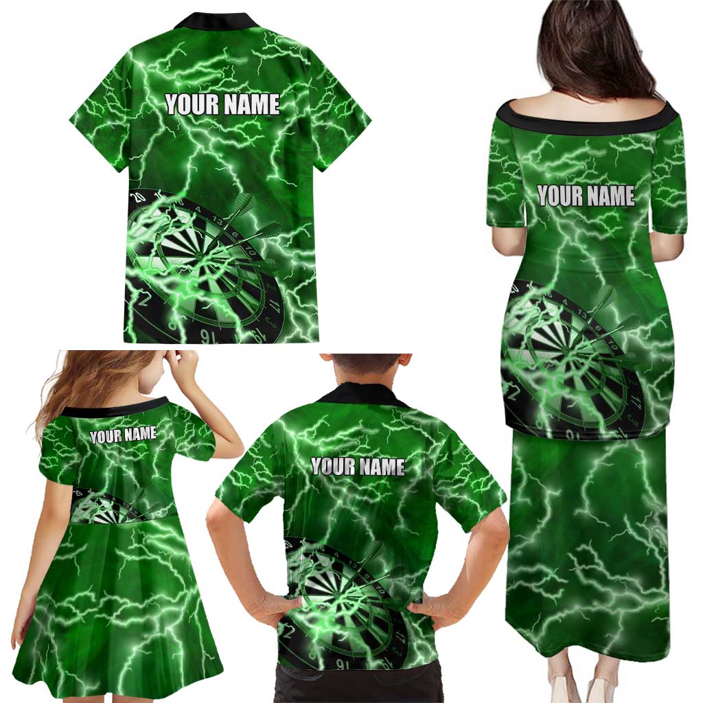 Personalized Darts Lightning Green Storm Family Matching Puletasi and Hawaiian Shirt with Electric Energy Pattern and Dartboard Graphics - Wonder Print Shop
